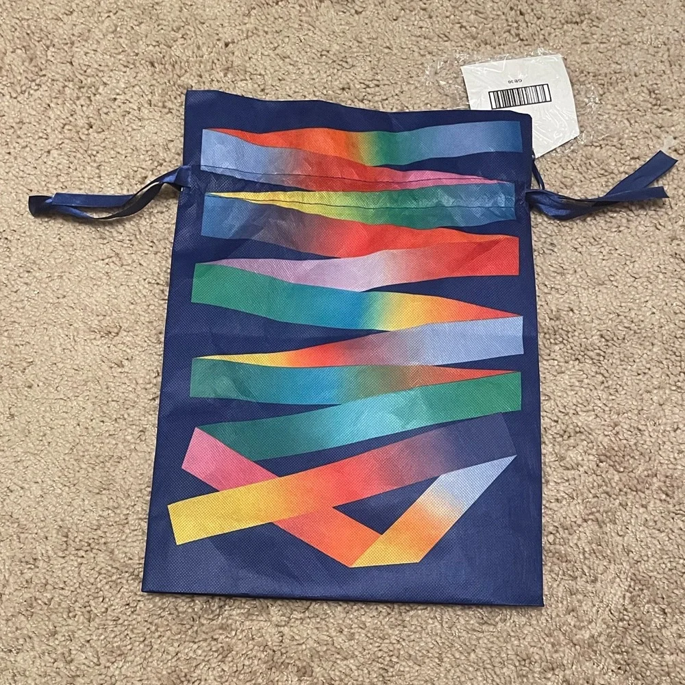 EUC Amazon Multicolor Reusable Gift Bag with Blue satin-like Drawstring Strap